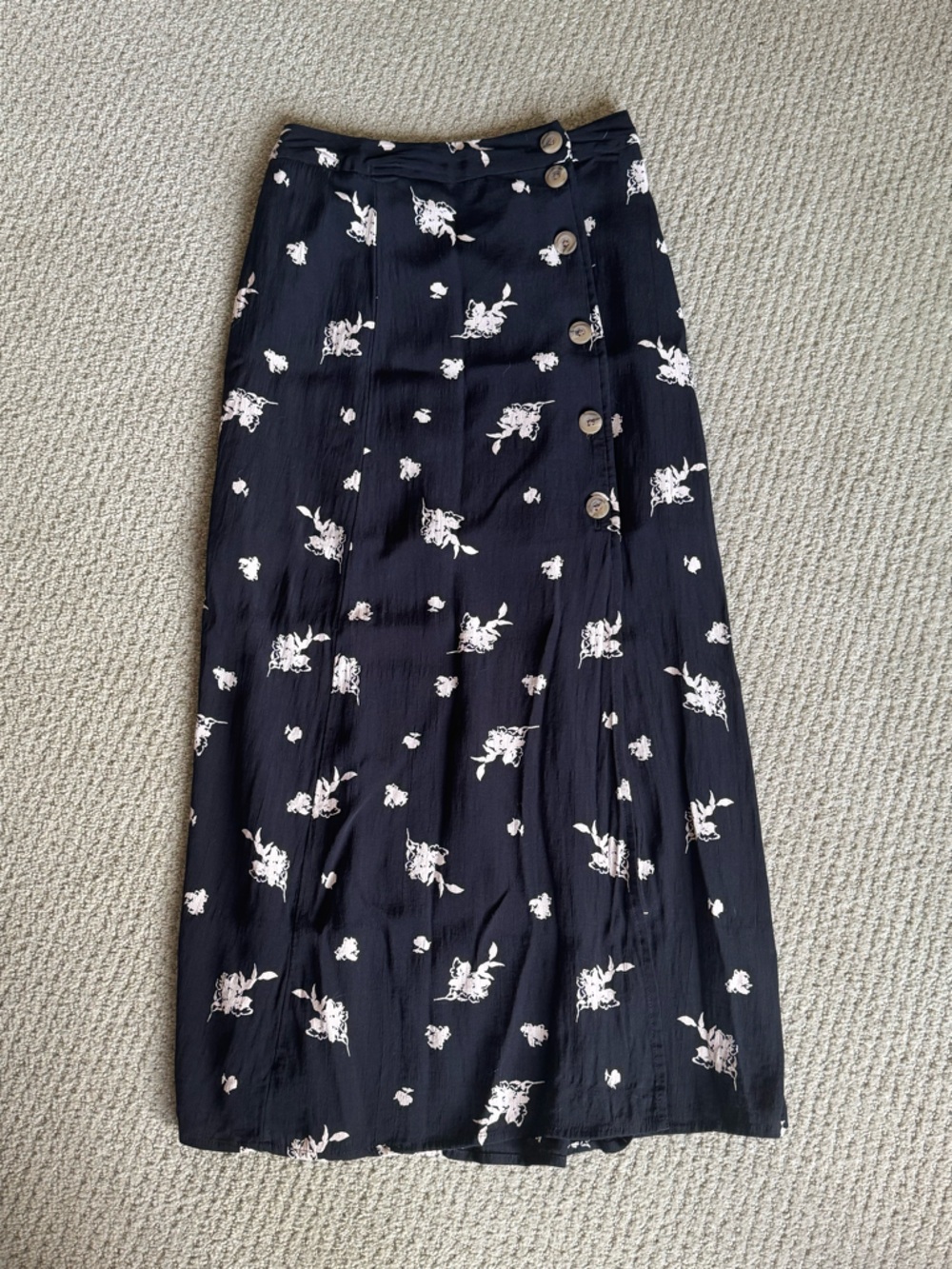 Something Navy Black Midi Skirt with White Floral Print & Side Buttons